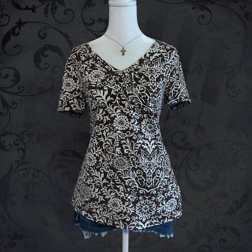 ornate baroque floral scroll print brown & white v neck fairy boho grunge top